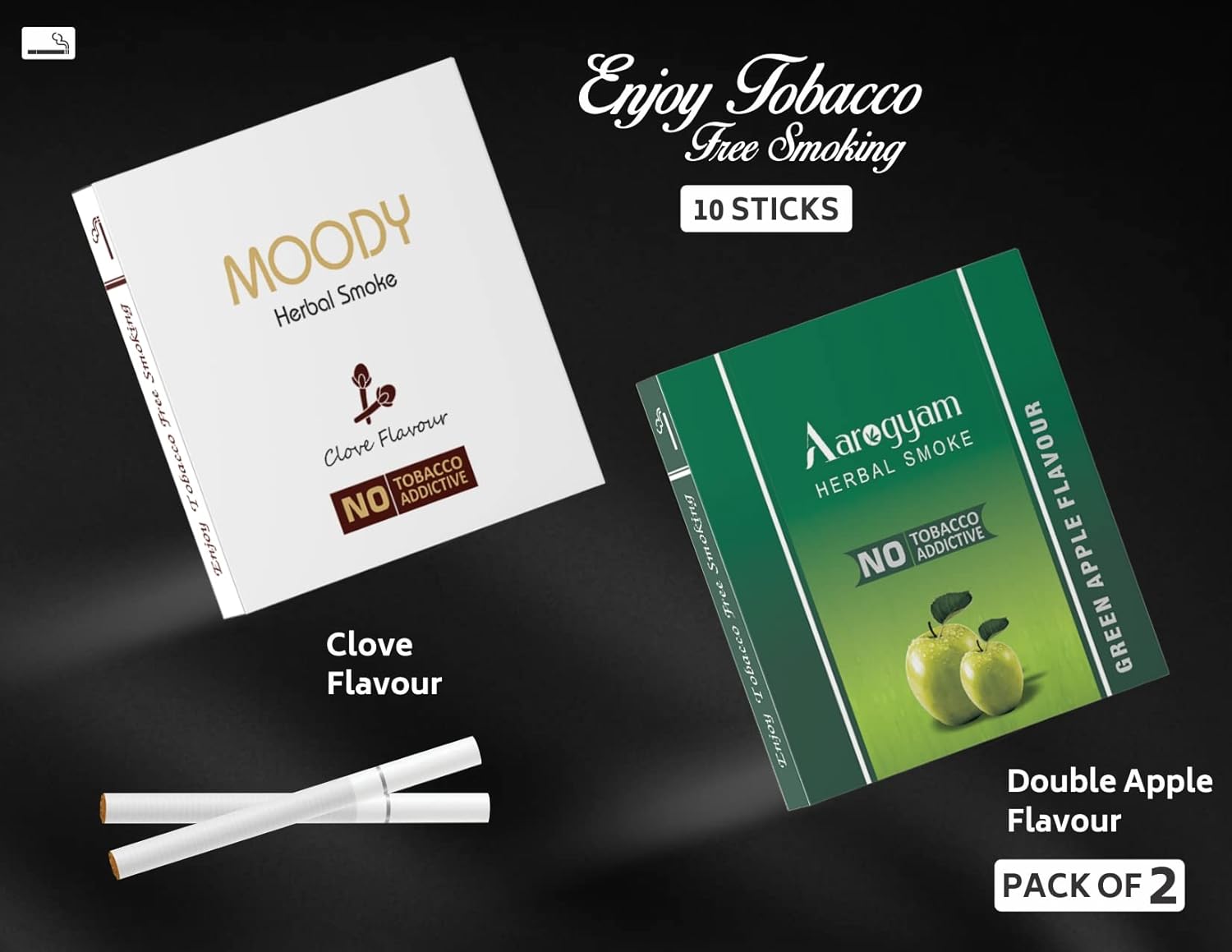 Aarogyam Herbals Pack Of 2 Flavours 100% Tobacco & Nicotine Free Cigarette For Relieve Stress & Mood Enhance Product Green Apple, Clove - 10 Sticks X 2 Packets