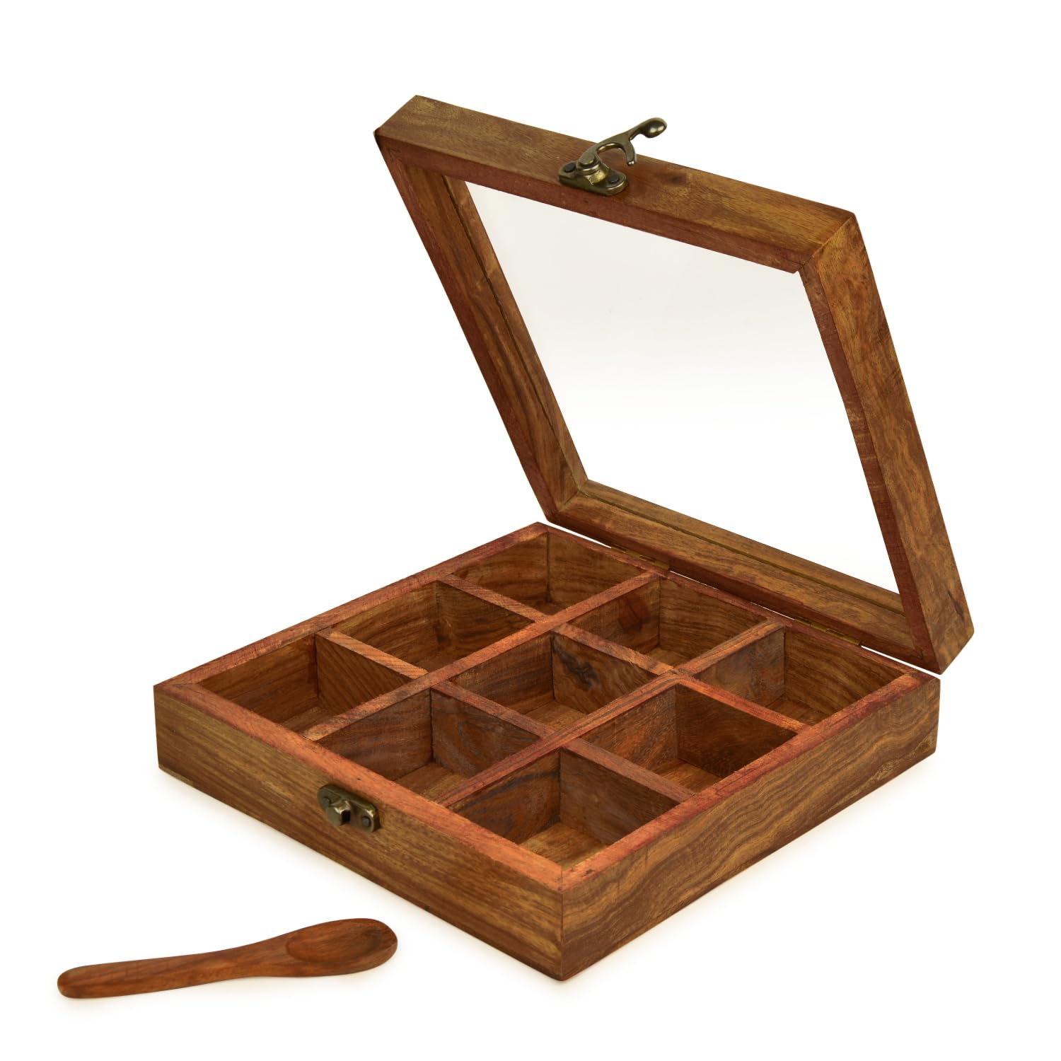 Sheesham Wood Spice Box With Spoon For Kitchen With 9 Partitions, Compartments - 8 X 8 X 2 Inches, Brown | Wooden Masala Box, Dabba, Container With Glass Lid - Fixed Partitions