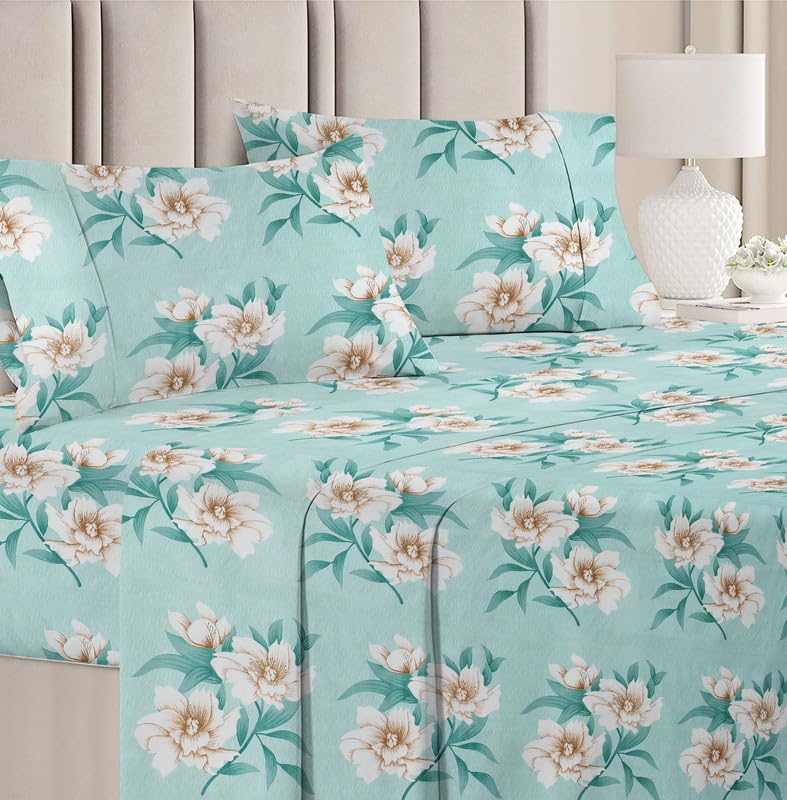 Double Floral Bedsheet With 2 Pillow Covers - 88 X 90 Inches, Sea Green & Beige | 144 TC Soft Brushed Microfiber - Breathable & Wrinkle Free