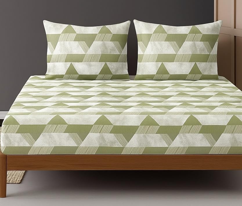 1 Bedsheet For Double Bed With 2 Pillow Covers - 90 X 100 Inches, Light Green & Grey | Premium Cotton Material Double Bedsheet Queen Size | Skin Friendly & Long Lasting