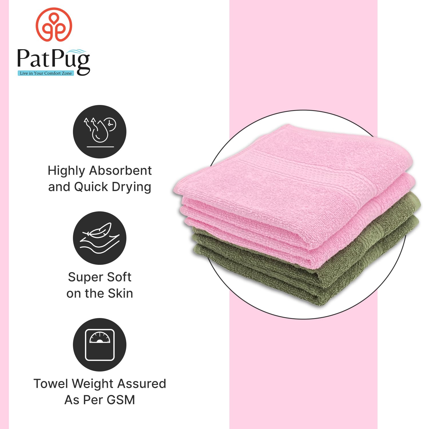 Patpug 100% Indian Ultra Soft Cotton Hand Towel 600 Gsm | For Gym, Workout, Yoga, Wash Basin (Sweet Pink & Olive Green) - 4 Piece