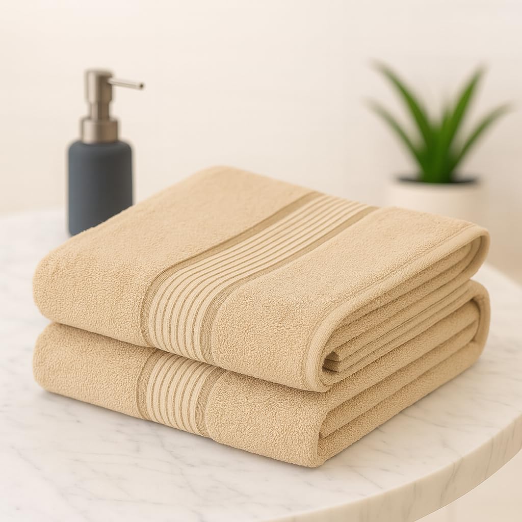 Akiko Home 100% Cotton Essential Series Bath Towel 400 Gsm | Soft, Absorbent, Quick Dry & Durable, Large Size Towel Pack Of 2 (Beige)