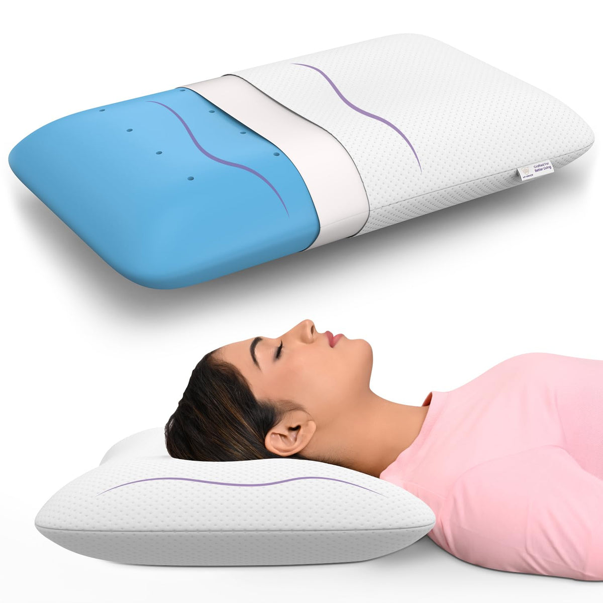 Cool Gel Ergonomic Memory Foam Pillow, White - 21 X 14 X 4.5 Inches | Orthopedic Pillow For Neck Pain Relief & Back Support With Removable Zipper Cover | Shoulder Support - Pack Of 1