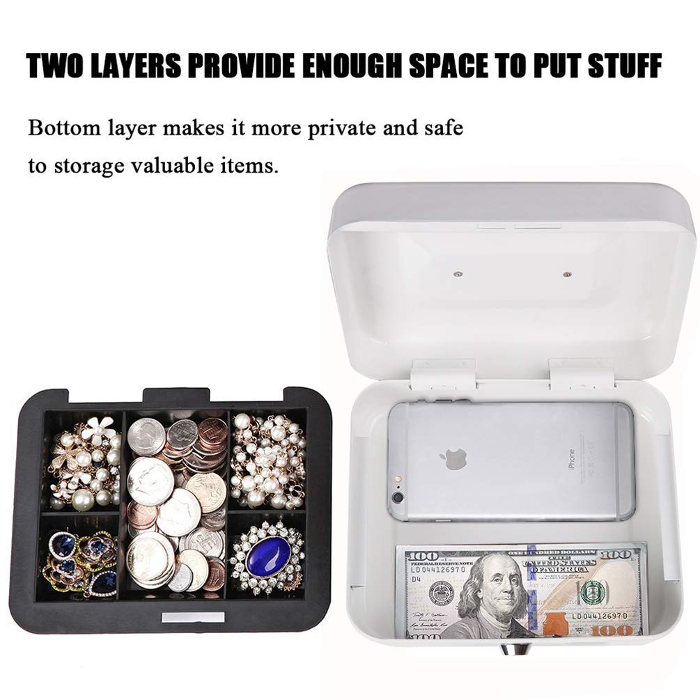 Small Cash Box With Key Lock - Durable Metal Cash Box With Money Tray, Colour - White, Lock Type - Key