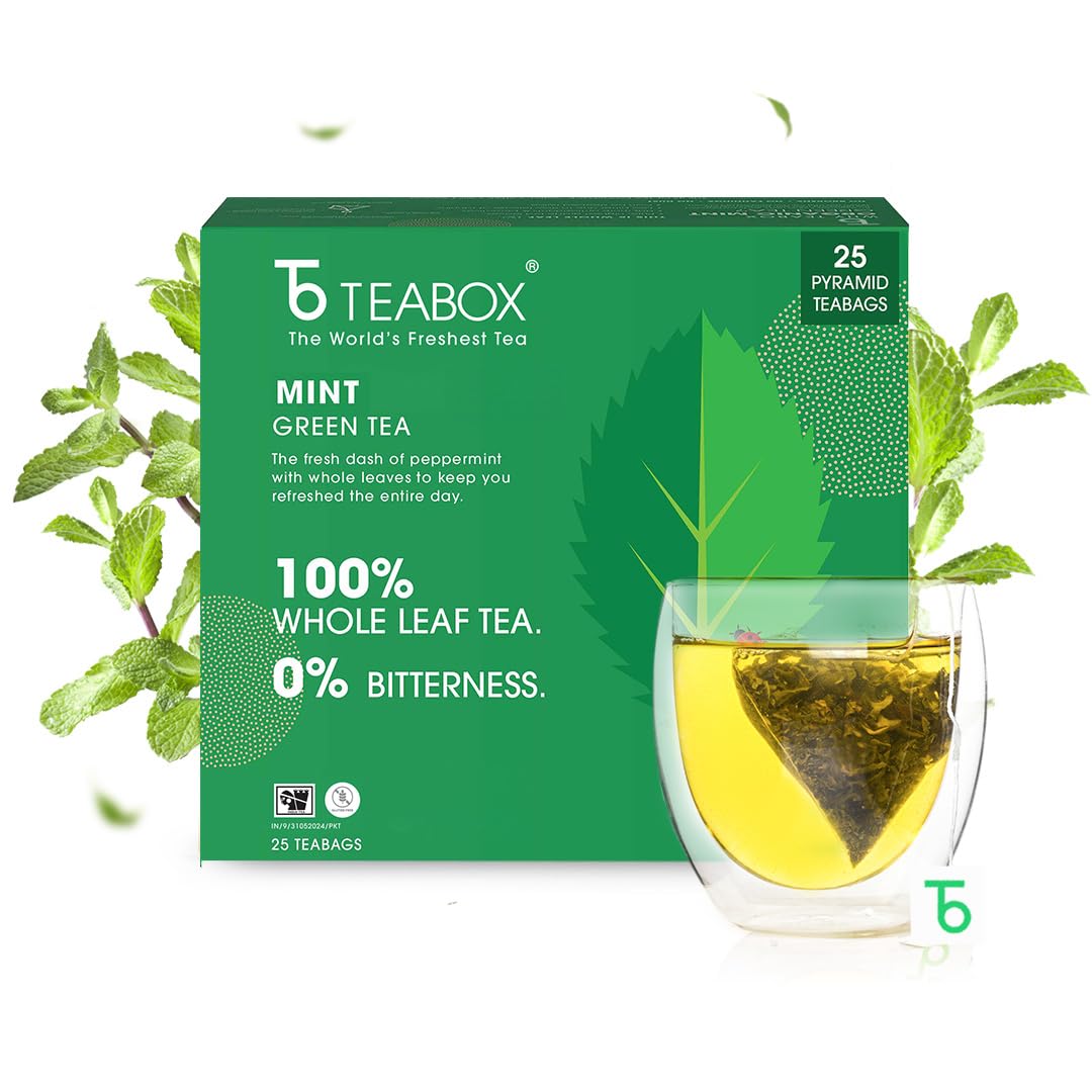 Teabox Mint Green Tea - 25 Pyramid Tea Bags | Exotic Blend Of Premium Green Tea & Real Peppermint Leaves - 100% Whole Leaf Tea | Low Caffeine, 0% Bitterness
