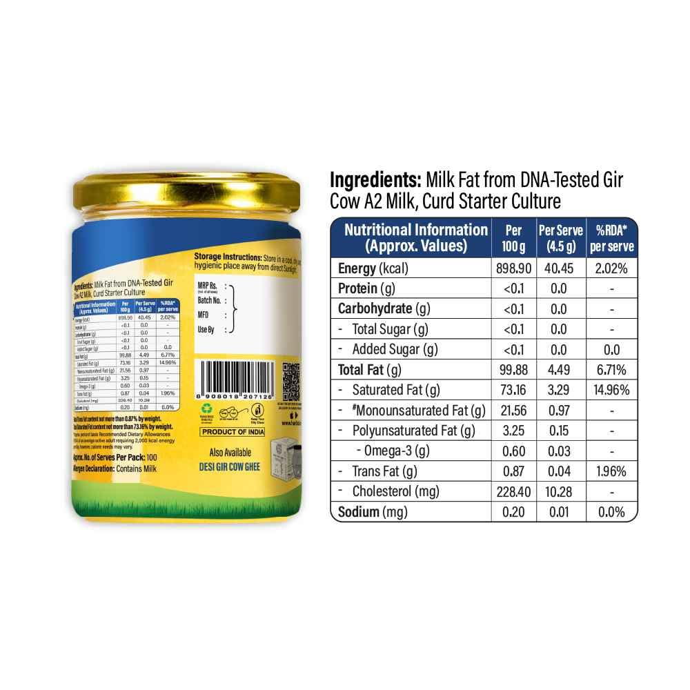 Organic Natural Ahinsha A2 Desi Gir Cow Ghee By Hari:Bol | Pure Healthy Cow Ghee Perfect For Protact Eyesight | 1 Litre (500ml * 2) 33.8 Ounce | Jar Pack