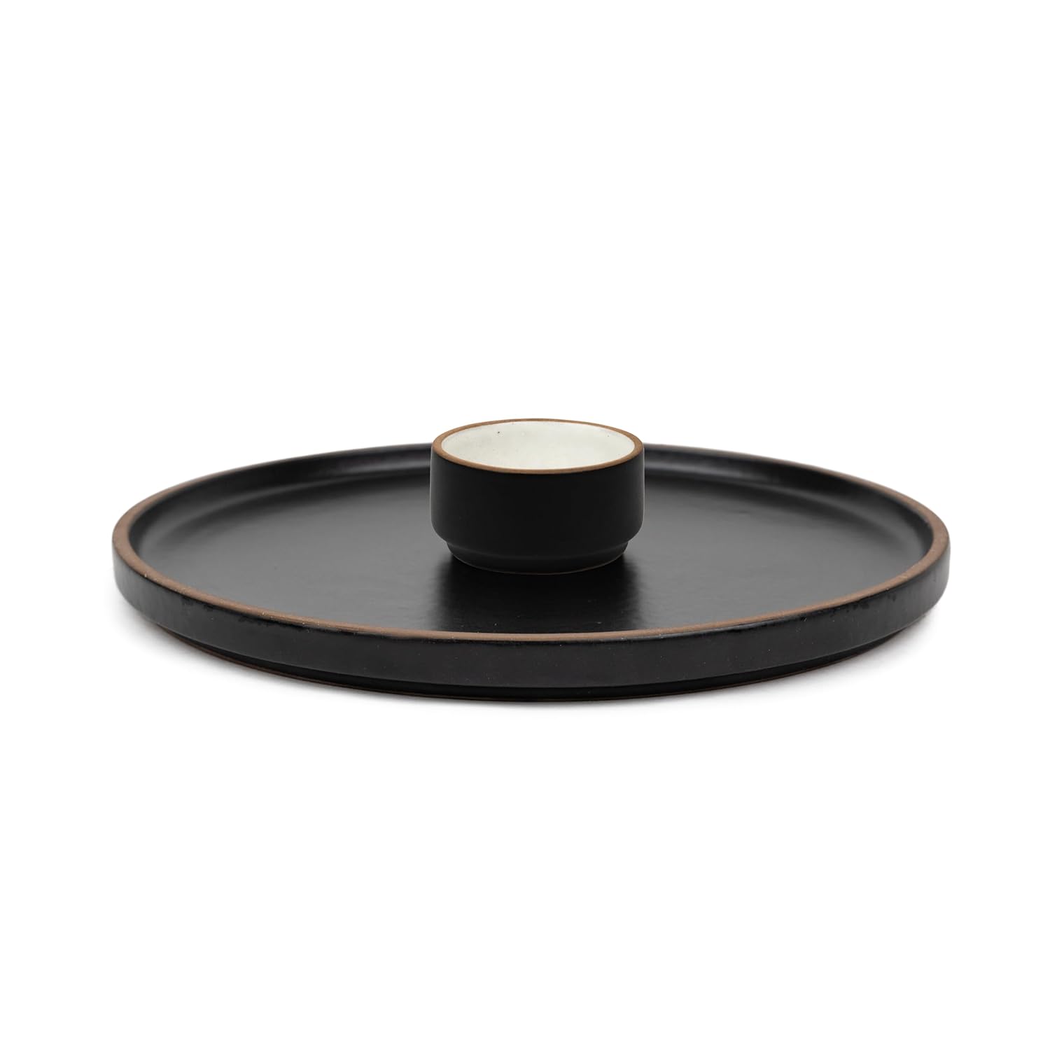 Large Round Ceramic Serving Platter, Black - 1 Platter + 1 Dip Bowl, 75ml Modern Series | Big Serving Plate Set With Matte Finish - Platters Serving Set | Microwave Safe & Dishwasher Safe