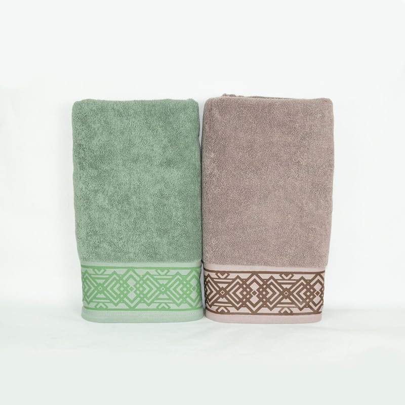 Rangoli 100% Cotton Fibre Bath Towel 1200 Gsm | Highly Durable & Absorbent Towel | Skin-Friendly & Quick Drying Luxury Towels (Green & Brown) - Pack Of 2