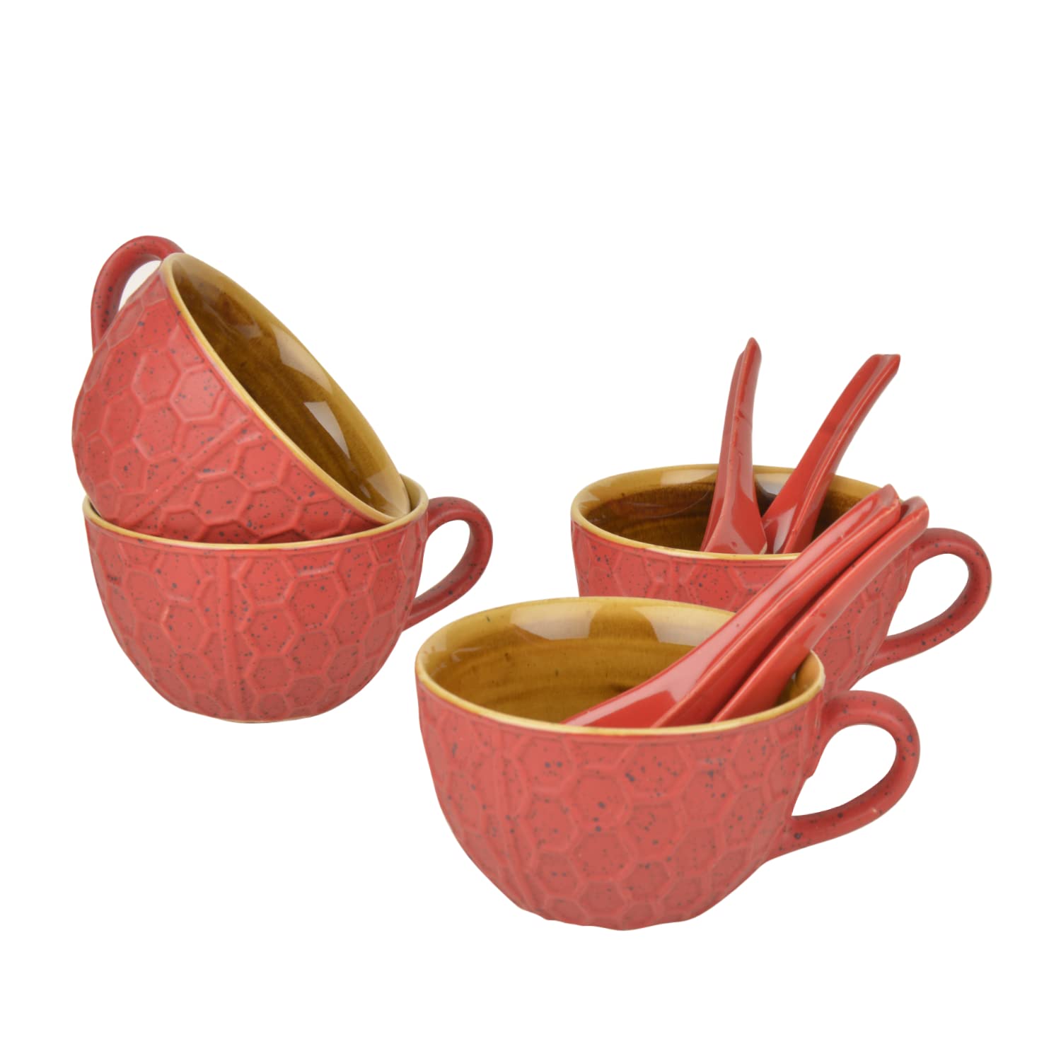 Studio Pottery Ceramic Soup Cups With Spoons, Set Of 4 - Red & Yellow, 310ml Each | Cereal Cups - Maggi Serving Bowls