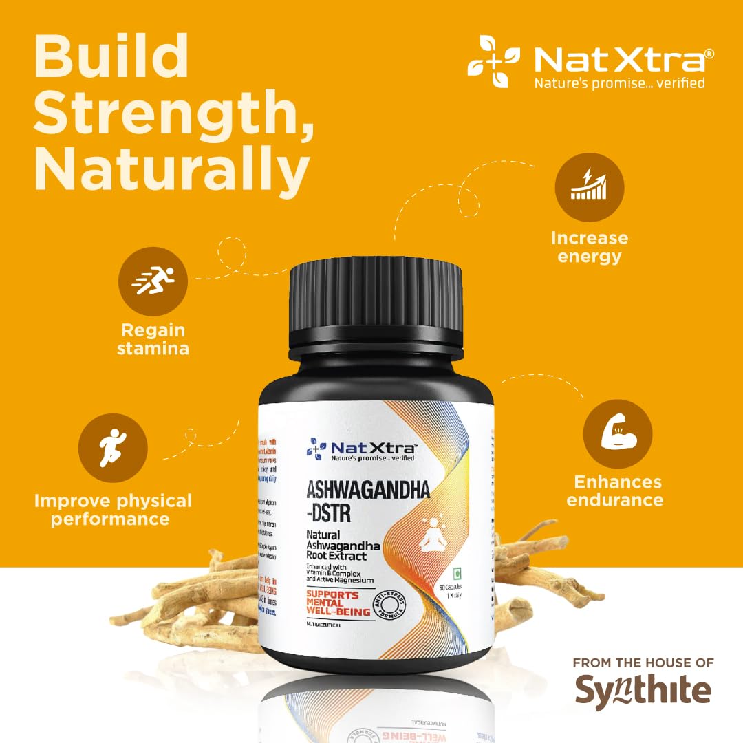 Natxtra Energy - Boosting Supplement Improves Strength & Stamina, Helps Enhance Endurance, Manages Stress, Made With Ashwagandha Root Extract | 60 Capsules 100gm 0.2lbs