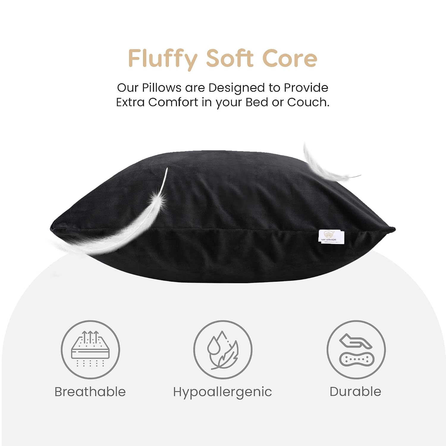 Microfiber Square Soft Pillow Cushion For Sofa & Bed, Black - 18 X 18 Inch | Fluffy Pillow For Comfort & Back Support | Breathable, Washable | Premium Velvet Cover With Zip - Pack Of 5