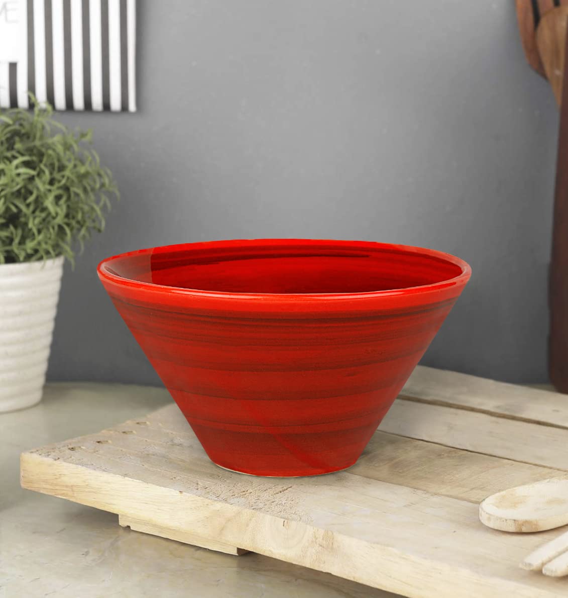 Studio Pottery Conical Ceramic Serving Bowl - Red, Diameter : 10 Cm, 580ml | Rice & Salad Bowl - Snack Bowl