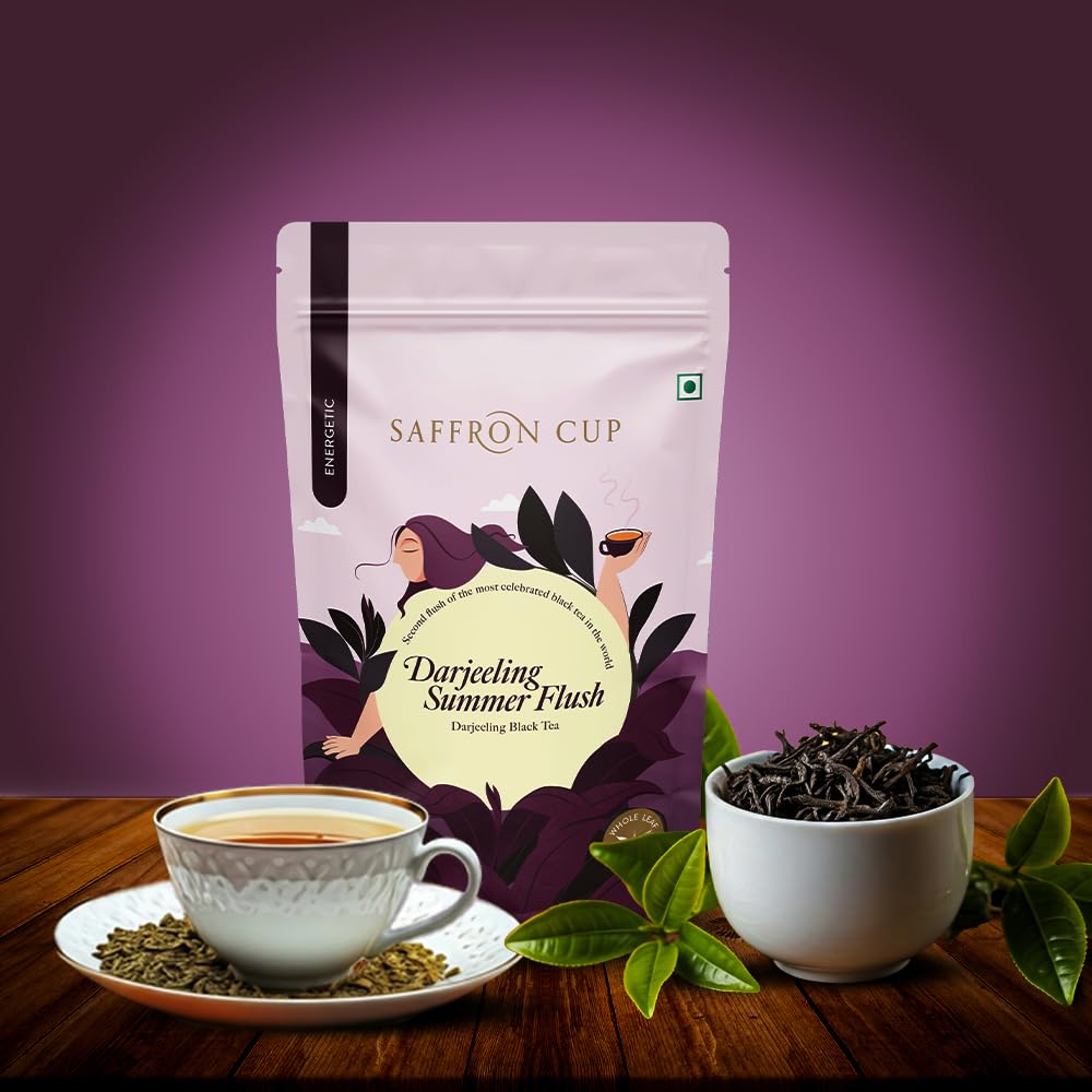 Saffron Cup Darjeeling Summer Flush Energetic Black Tea - 75gm, 2.6 Ounce | 100% Natural, Rich In Antioxidants - Perfect For Connoisseurs & Heart Health | Low Caffeine, Airtight Zip Lock Pouch