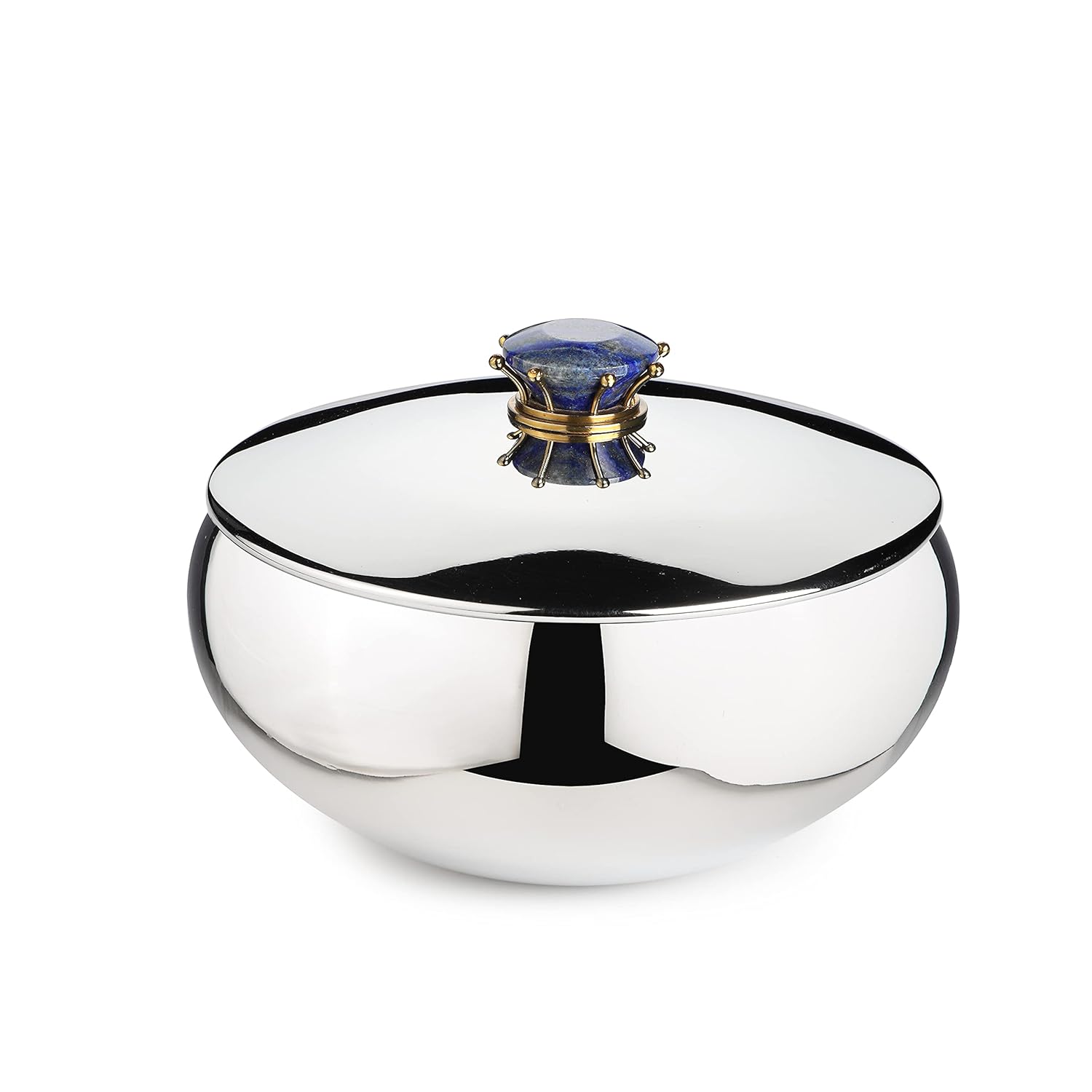 Silver Stainless Steel Bowl With Lid - Medium, Royal Lapiz Series | Storing & Serving Bowl - Lapis Lazuli Stone Lid | Serve Ware, Dinnerware & Tableware