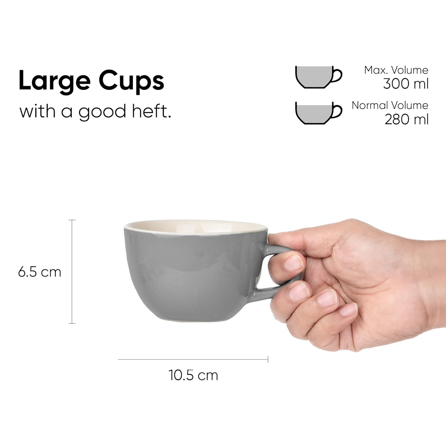 Large Ceramic Coffee Cup Set Of 2 - Grey, 300ml Each | Cappuccino Cup With Glossy Finish - Large Ceramic Coffee Cup | Premium Stoneware Coffee Cup - Microwave Safe