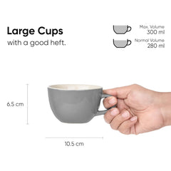 Large Ceramic Coffee Cup Set Of 2 - Grey, 300ml Each | Cappuccino Cup With Glossy Finish - Large Ceramic Coffee Cup | Premium Stoneware Coffee Cup - Microwave Safe