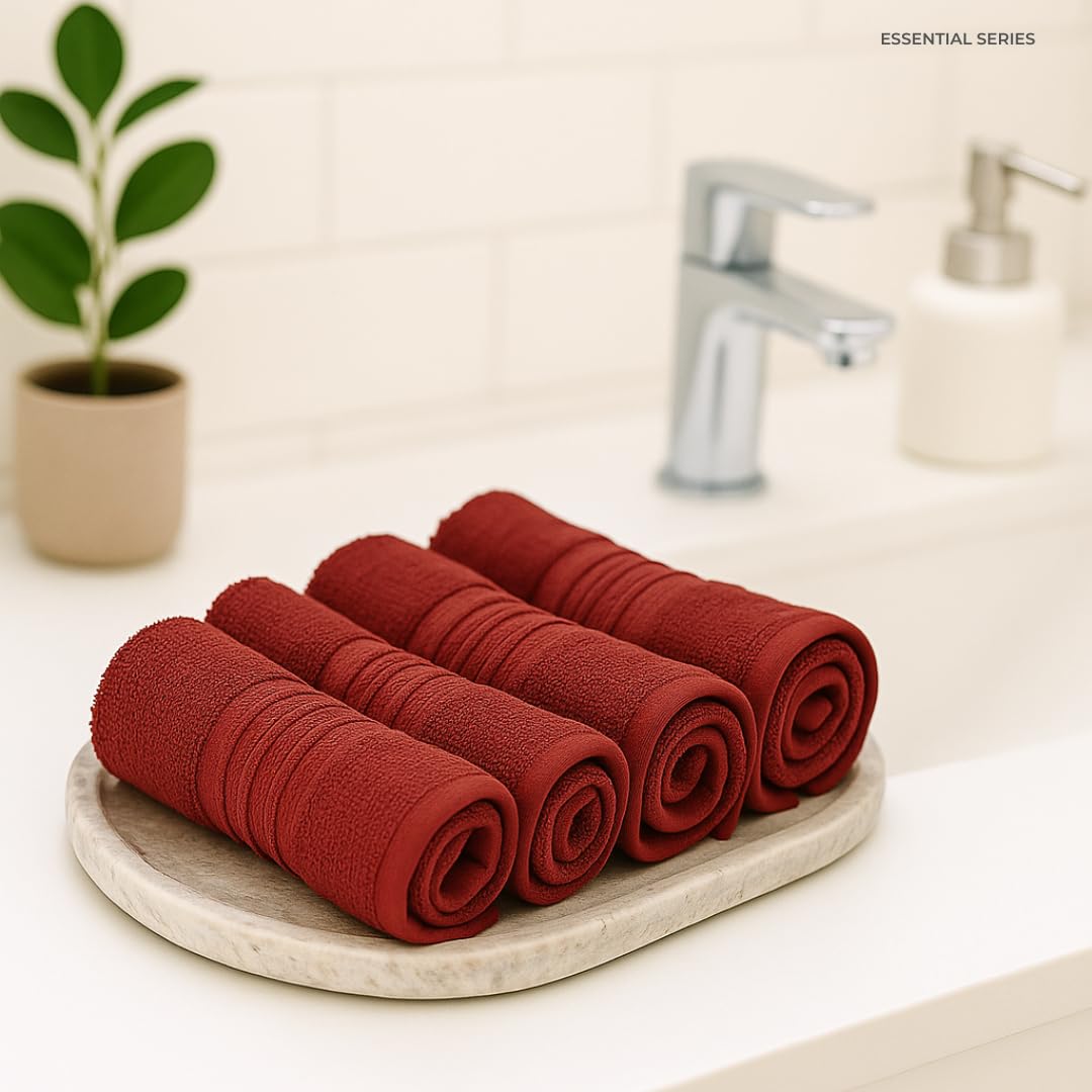 Akiko Home 100% Cotton Essential Series Face Towel 600 Gsm | Soft Absorbent & Durable Washcloth For Men & Women, Compact Travel Towel -Pack Of 4 (Maroon)