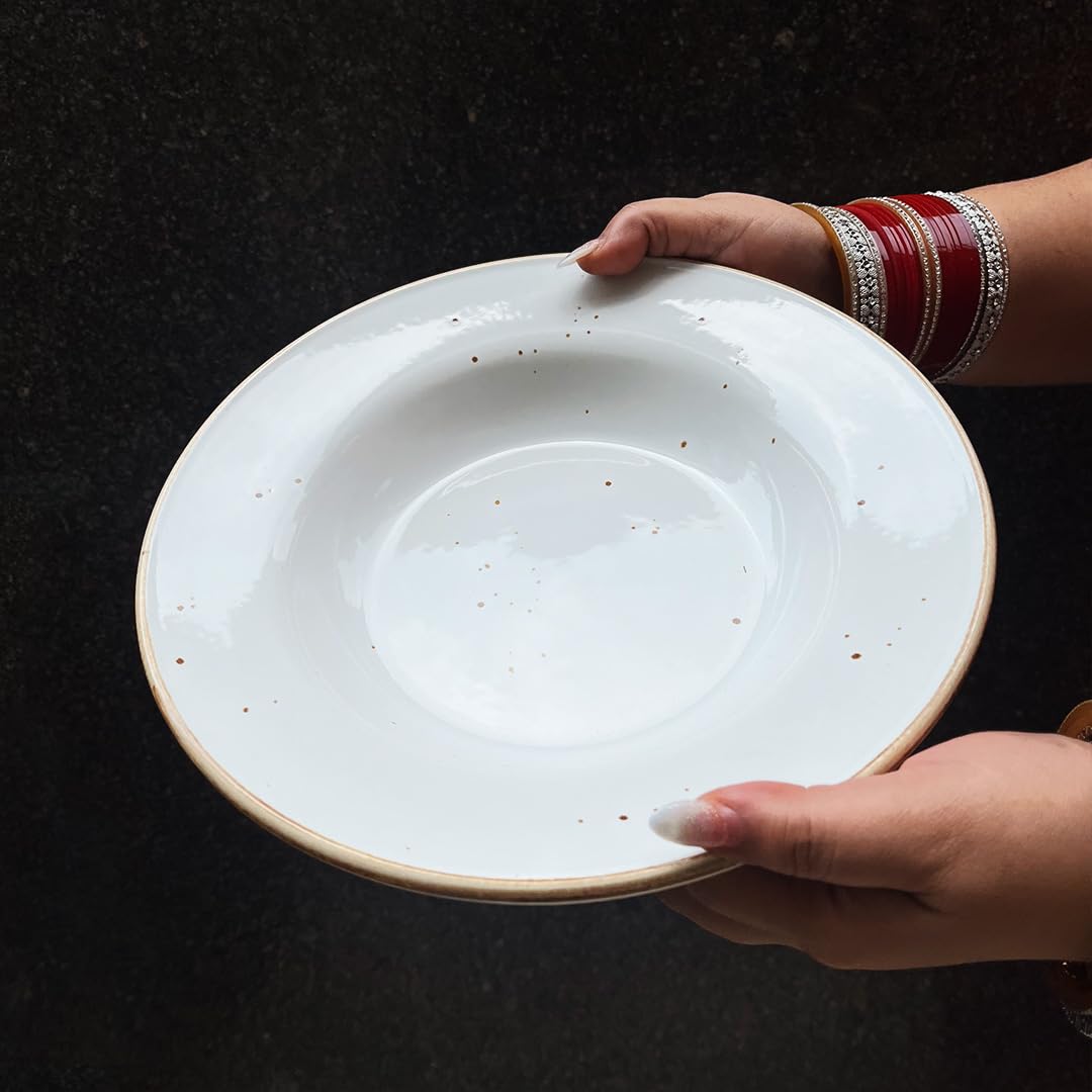 White Speckled Ceramic Pasta Plates - 2 Pieces | Handcrafted Multi Purpose Ceramic Deep Plates, Snack Plates, Starter Plates - 10 Inch, Microwave Safe & Dishwasher Safe
