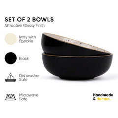 Ceramic Pasta Bowl Set Of 2 Pieces - 18cm, Black Ivory, 800ml Each | Stoneware Ceramic Serving Bowls | Pasta Plate - Deep Plate | Ceramic Bowl With Glossy Finish - Pasta Serving Plate