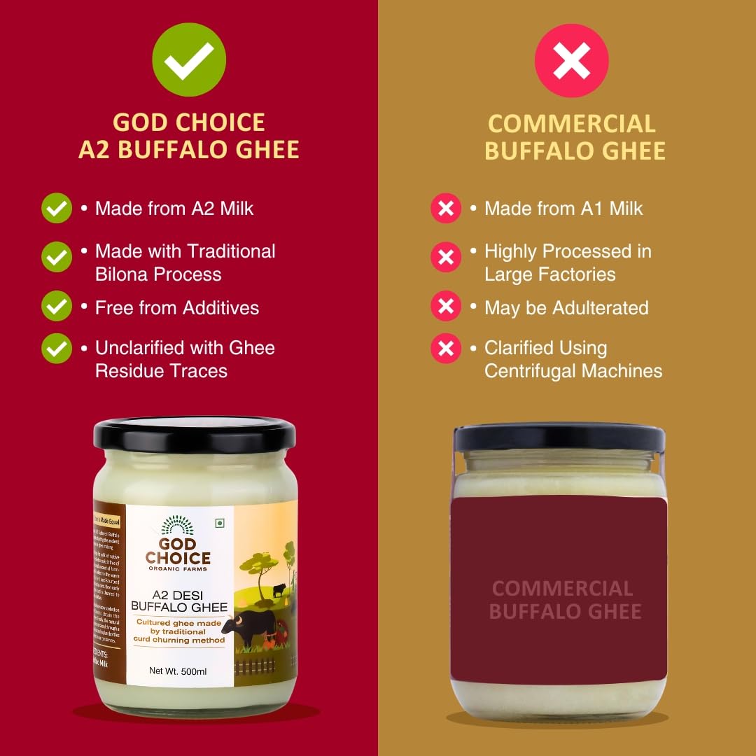 Organic A2 Desi Buffalo Ghee By God Choice Organic Farms | High In Protein Fiber Healthy Desi Ghee For Brain Function | (500ml) 16.9 Ounce | Jar Pack