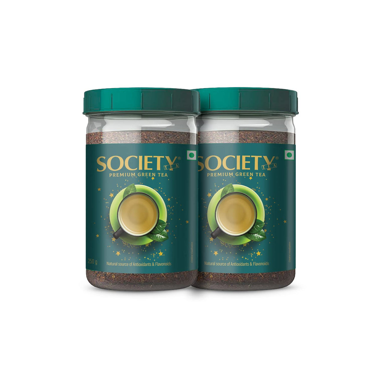 Society Premium Green Tea - Pack Of 2 X 250gm Jar, 8.8 Ounce Each | Unique Blend Crafted For Chai Lovers Across India - Caffeine Free Chai Patti | Natural Source Of Antioxidants & Flavonoids