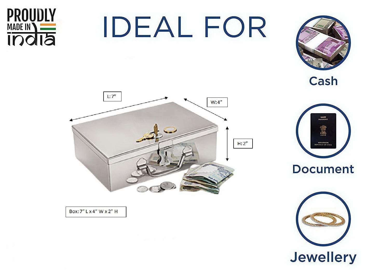 Stainless Steel Cash, Jewellery, Coin Box Silver Rectangular Storage Box With Pre - Fitted Lock 7 Inch, Special Feature - Portable Coin Box
