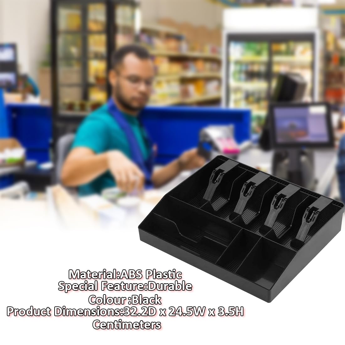 Abs Plastic Cash & Check Box, 4 Slots For Cash, Bills, Money & 4 Slots For Coins Cash Tray, 32.2 X 24.5 X 3.5 Cm, Colour - Black