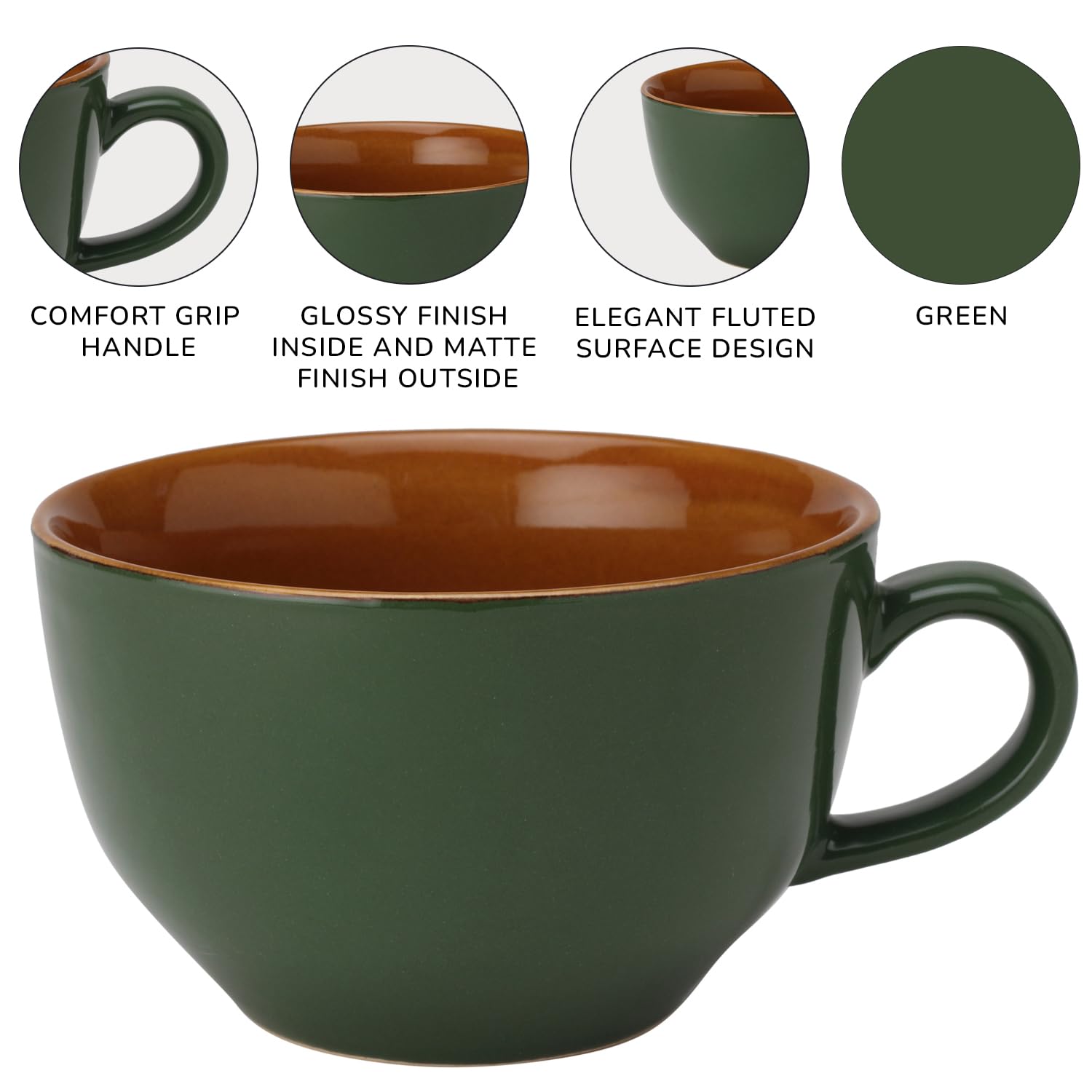 Ceramic Soup & Coffee Wide Large Mug With Handle - Set Of 2, 350ml Each, Green | Bone Ash Free & Microwave Safe - Cup For Maggi, Cappuccino, Latte, Green Tea - Matte Finish