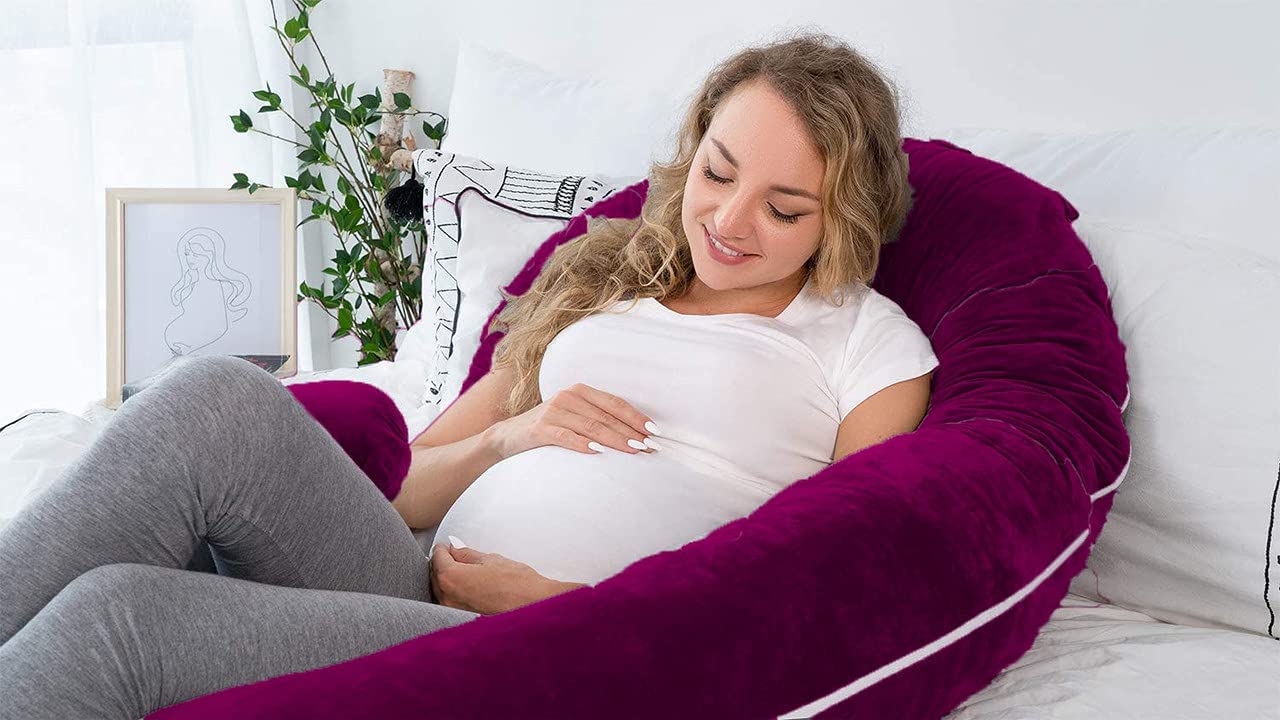 Pregnancy Pillow, Maternity Body Pillow For Sleeping, C Shaped Pillow, Wine - 55 Inch | Full Body Pillow, Pregnancy Pillow For Pregnant Women, Support Belly & Back, Removable Velvet Cover