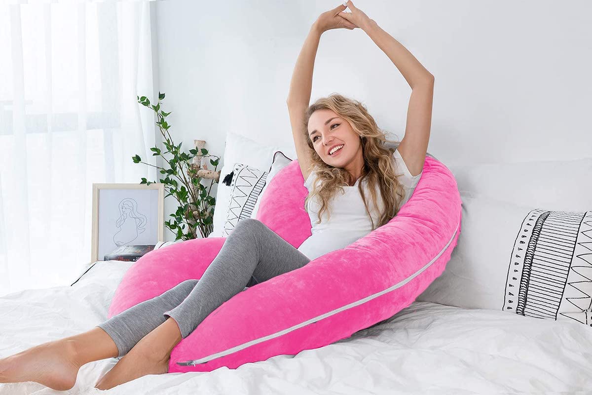 Pregnancy Pillow, Maternity Body Pillow For Sleeping, C Shaped Pillow, Pink - 55 Inch | Full Body Pillow, Pregnancy Pillow For Pregnant Women, Support Belly & Back, Removable Velvet Cover