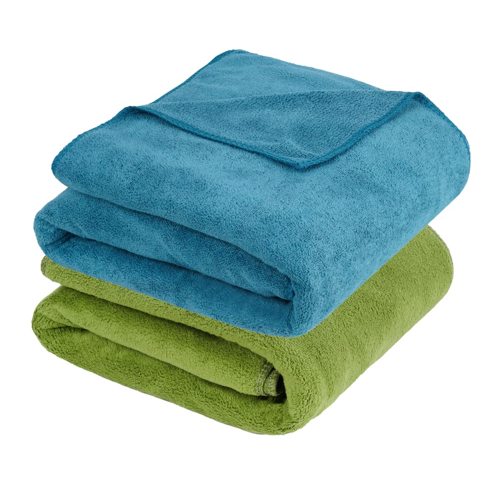 Fezora Microfiber Bath Towel 400 Gsm | For Men & Women Soft & Absorbent Weft Knitting Towels | Quick Dry Large Size Towel (Dark Blue & Pista) - 2 Piece