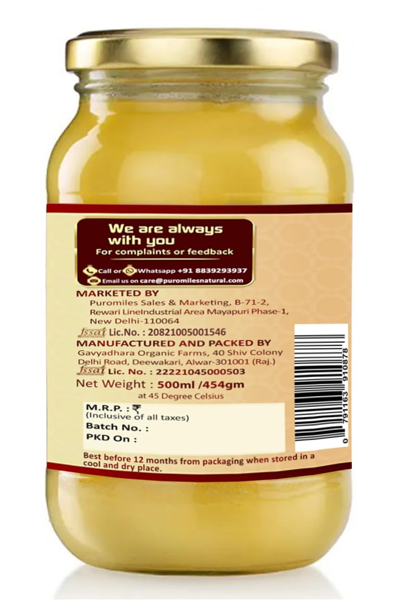 Organic Natural A2 Bilona Cow Desi Ghee By Puro Miles | Natural & Healthy Gir Cow Cultured Desi Ghee Perfect For Diet | (500ml) 16.9 Ounce | Jar Pack