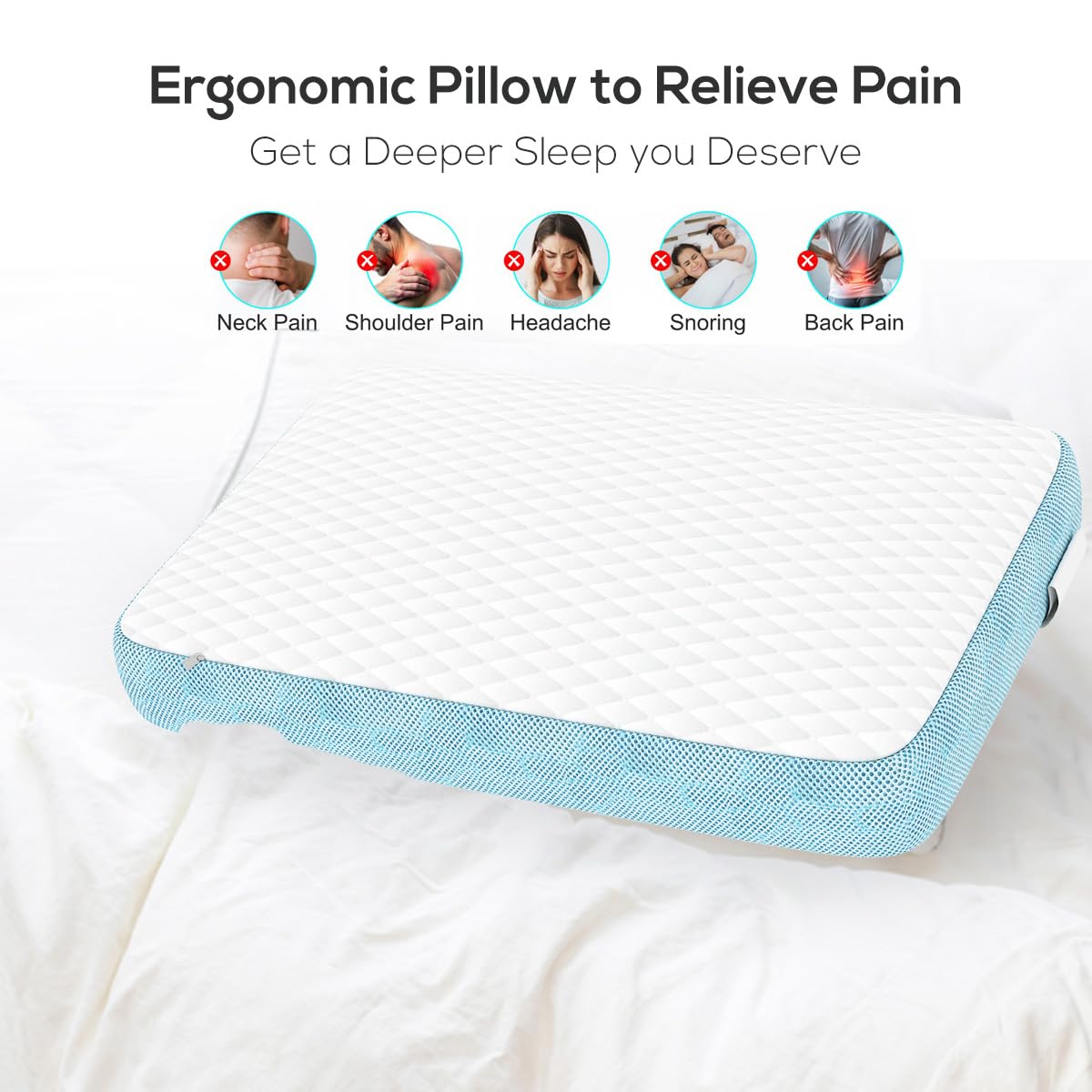 Memory Foam Pillow For Sleeping, Cervical Pillow For Pain Relief - Sky-Blue & White | Pillow For Neck, Shoulder & Back Pain Relief | Orthopedic Pillow, Versatile & Multipurpose - Pack Of 1