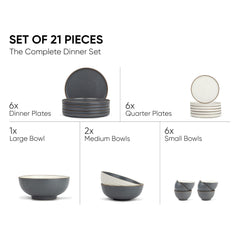 Ceramic Japandi Dinner Set - 21 Pcs, Grey & White | Crockery Set With Matte Finish - 6 Dinner Plates+ 6 Quarter Plates+ 6 Veg Bowls, 220ml Each+ 2 Medium Serving Bowls, 850ml Each+ 1 Large Bowl, 1500ml