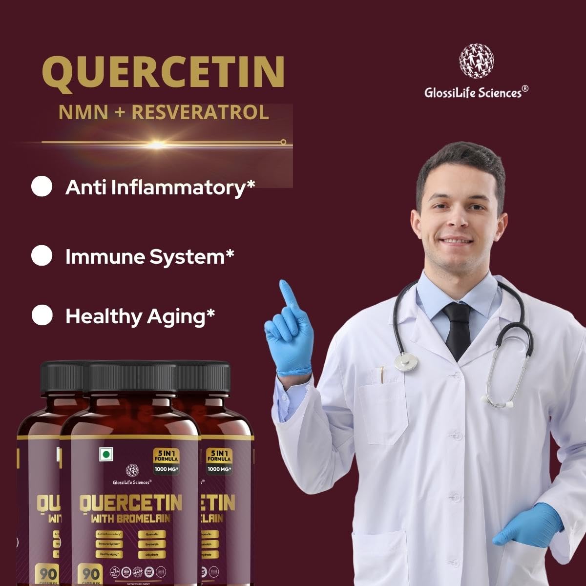 Glossilife Sciences Quercetin With Bromelain 1000mg 5 In 1 Formula | 90 Vegetarian Capsules, 150gm 0.3lbs