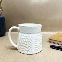 White Leaf Embossed Ceramic Coffee Mug Set Of 2 Pieces - 350ml Each | Studio Pottery Ceramic Mugs For Coffee, Tea, Milk - Microwave Safe & Leak Proof