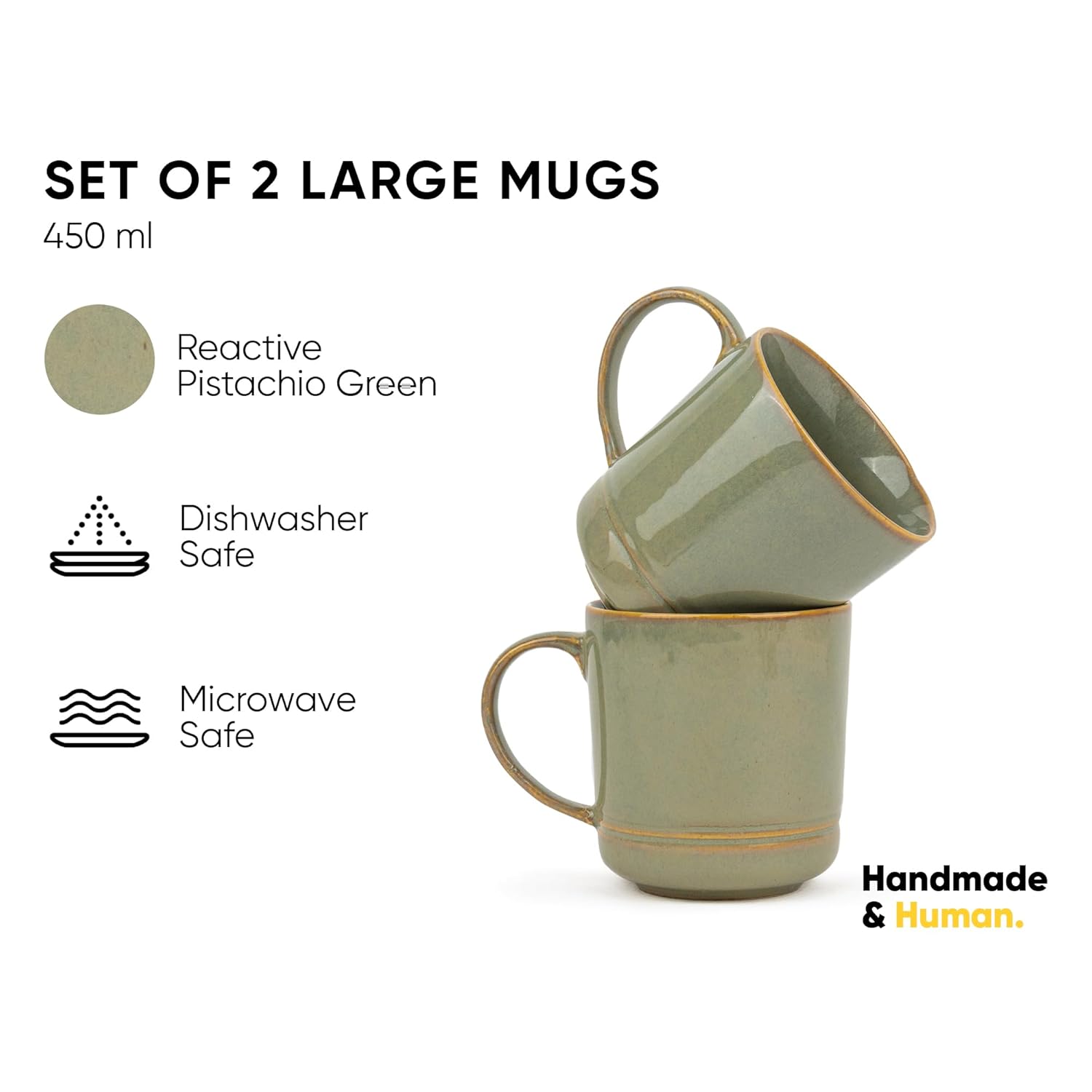 Large Ceramic Coffee Mug Set Of 2 - Pistachio Green, 400ml Each | Ceramic Mug With Glossy Finish - Mug For Coffee | Ceramic Coffee Mug - Porcelain Coffee Cup | Microwave Safe
