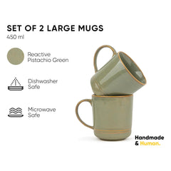 Large Ceramic Coffee Mug Set Of 2 - Pistachio Green, 400ml Each | Ceramic Mug With Glossy Finish - Mug For Coffee | Ceramic Coffee Mug - Porcelain Coffee Cup | Microwave Safe