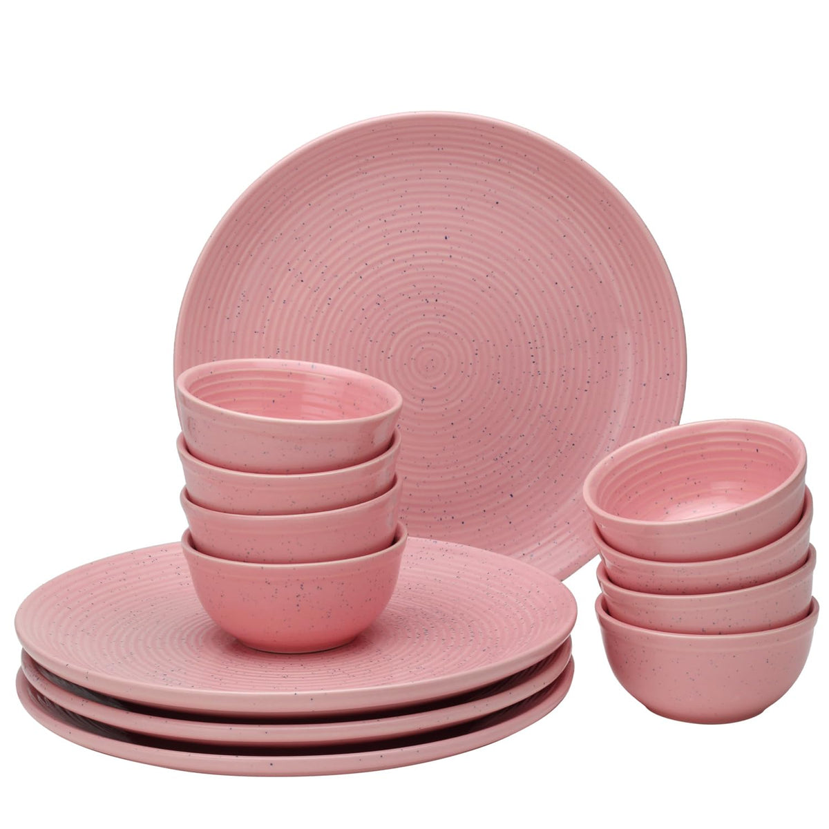 Handcrafted Ceramic Stoneware Dinner Set - Pack Of 12 Pcs, Blush Pink | 4 Dinner Plates, 10.6 Inch Each + 8 Small Dinner Bowl, 180ml Each - Microwave & Dishwasher Safe