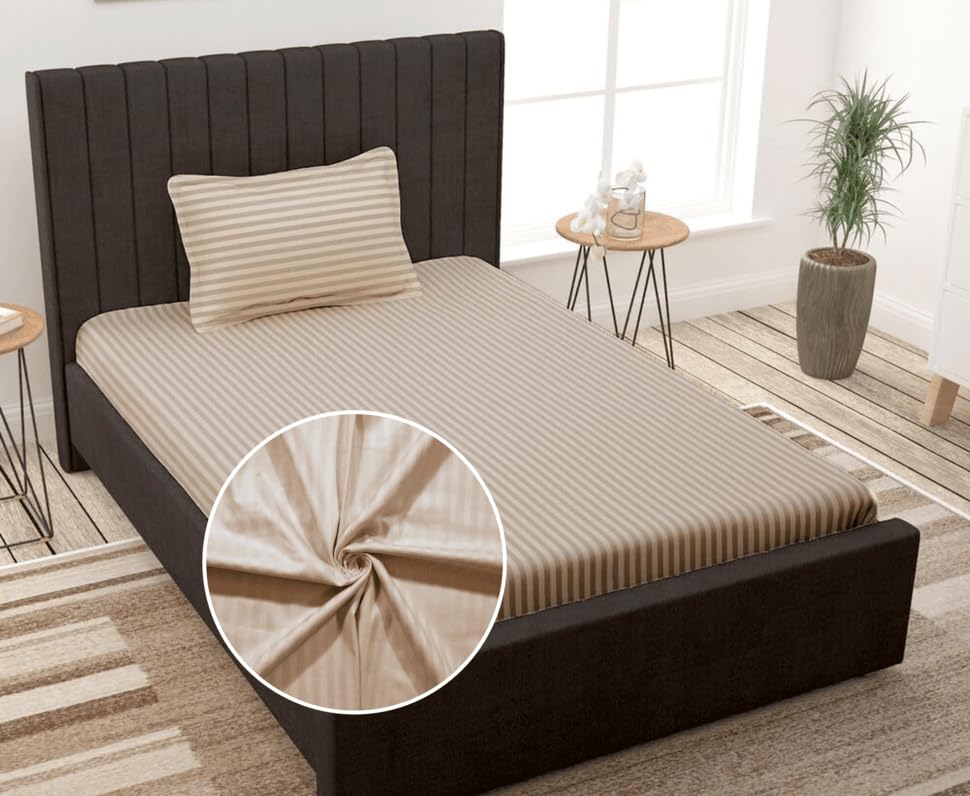 Striped Single Bedsheet With 1 Pillow Cover 60 X 90 Inches, Cream | Comfortable & Durable | Elegant Printed Bedding Set For Daily Use