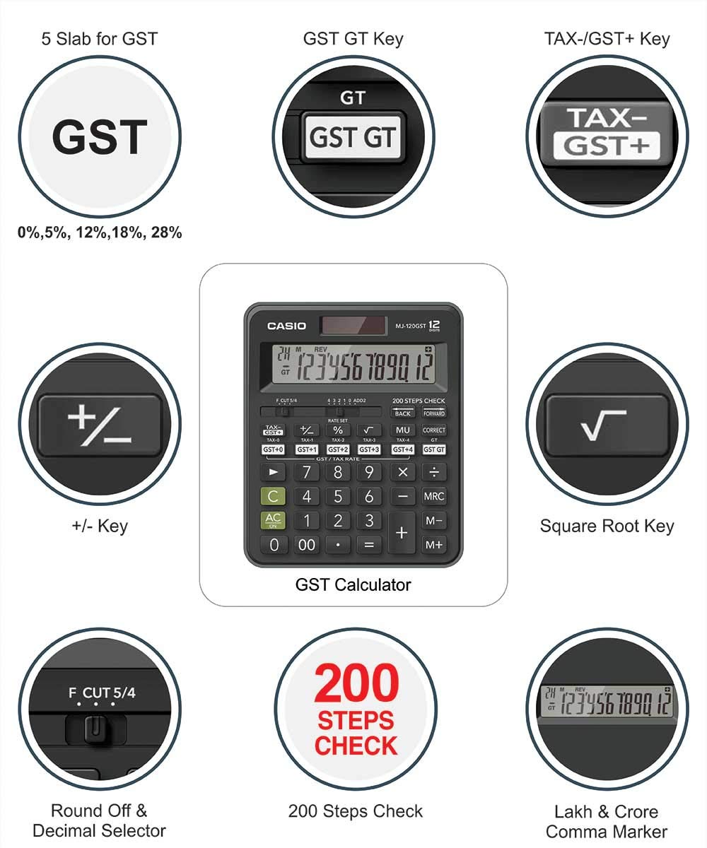 Casio MJ-120GST GST Calculator (Black) & Casio SX-300-W Portable Calculator | GST Calculator For Easy & Fast GST Calculation