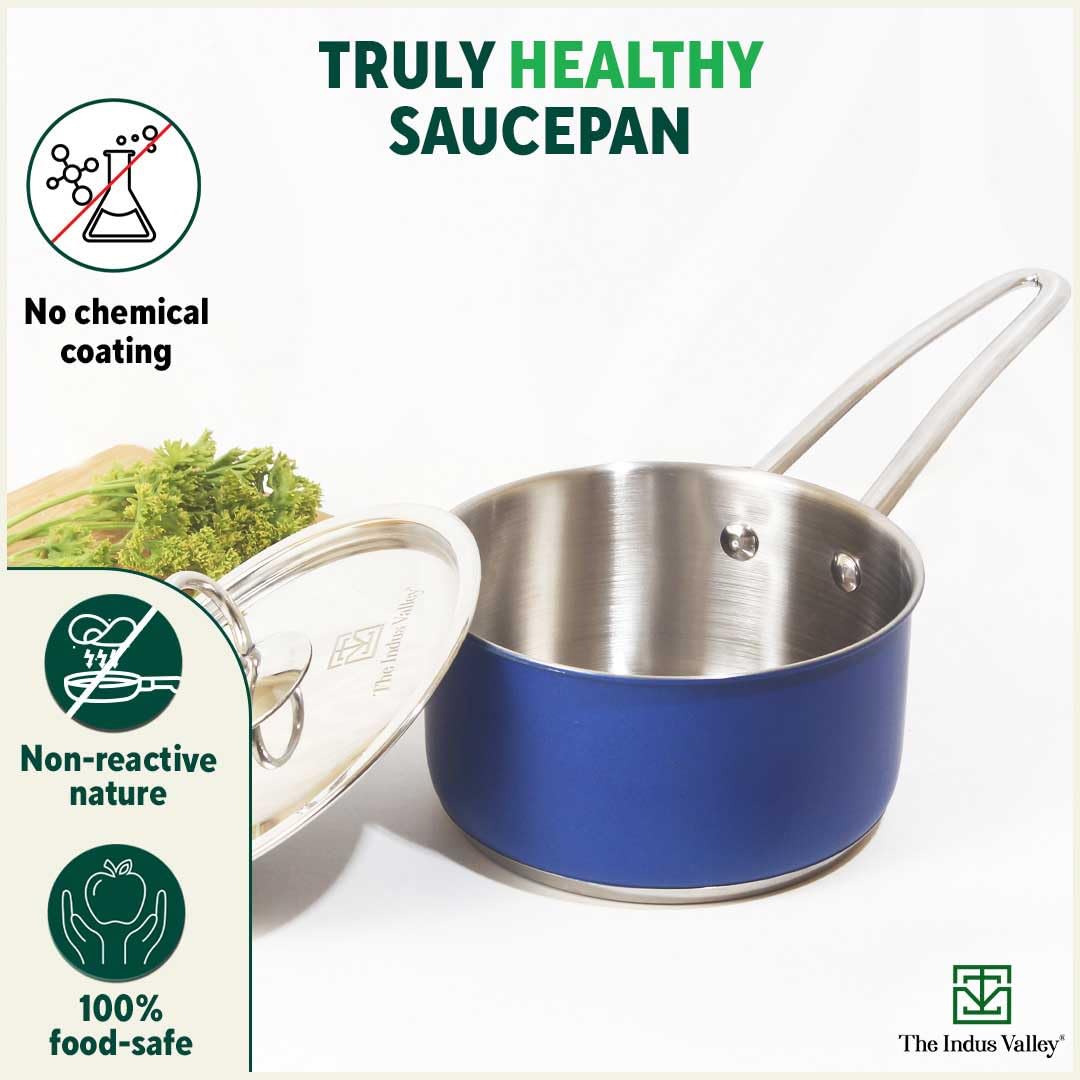 Coloured Stainless Steel Sauce Pan Or Milk Pan With Steel Lid - Small 18.7cm, 7.4 Inch, 1.4 Ltr, 1 Kg | Induction Friendly, Nonstick 3-Layer Bottom, 100% Pure & Toxin-Free