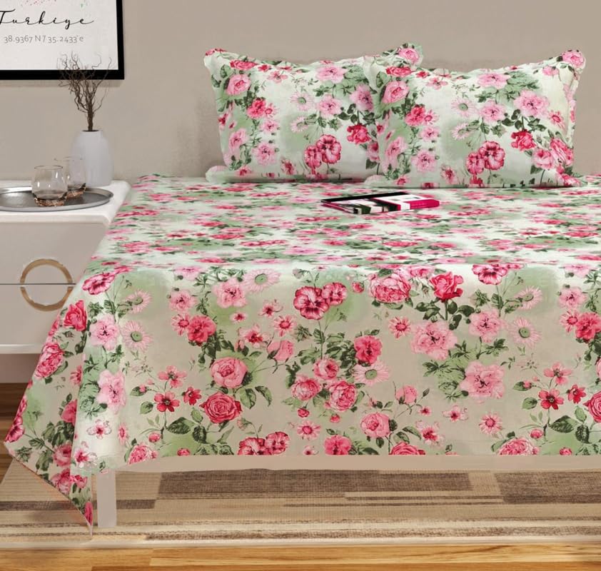 100% Cotton Double Bedsheets King Size With 2 Large Size Pillow Covers | 90 X 100 Inches, Green & Pink | Soft & Breathable Premium Printed Design Bedsheet