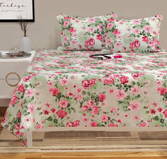 100% Cotton Double Bedsheets King Size With 2 Large Size Pillow Covers | 90 X 100 Inches, Green & Pink | Soft & Breathable Premium Printed Design Bedsheet