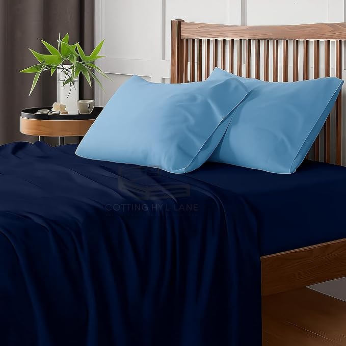 Bedsheets For Queen Bed Include Pillow Cover, Ultra Soft - Size 90x102 Inches, Navy & Sky Blue | Plain Solid Bed Sheet-Good For Home, Hotel, Resort & Guest House