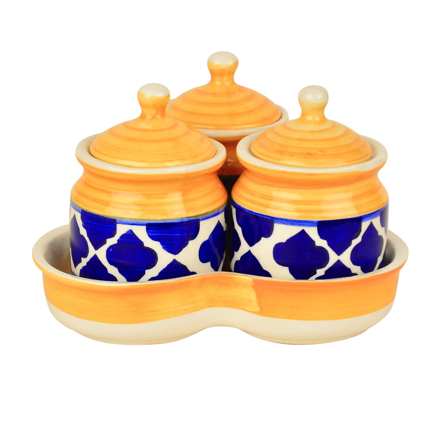 Hand Painted Ceramic Pickle Jar Set With Tray Set Of 3 - Blue & Yellow, 200ml Each | Condiment Set - Masala Container | Pickle & Chutney Jar Set For Dining Table