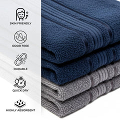Akiko Home 100% Cotton Essential Series Hand Towels 800 Gsm | Soft, Absorbent & Durable, Cotton Hand Towel For Bathroom Use, Gentle On Skin- Pack Of 4 (Navy & Grey)