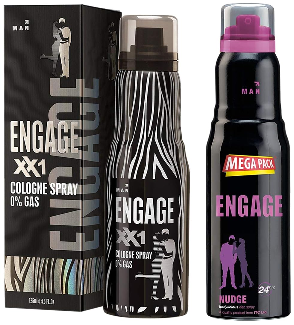 Engage Nudge Deodorant For Men Spicy & Wood  Skin Friendly 220ml 7.4 Fl.oz. & XX1 Cologne No Gas Perfume For Men Citrus & Spicy  Skin Friendly , 135ml 4.5 Fl.oz.