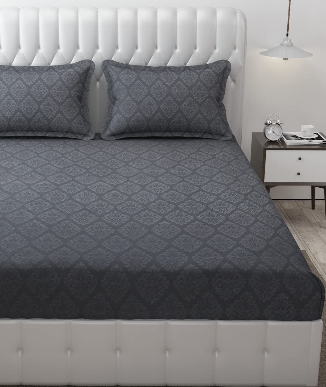 144 TC Rotary Printed King Size Bedsheet With 2 Pillow Covers - 90 X 95 Inches | Grey, Damas Design Bedsheet | Machine Washable & Wrinkle Resistant