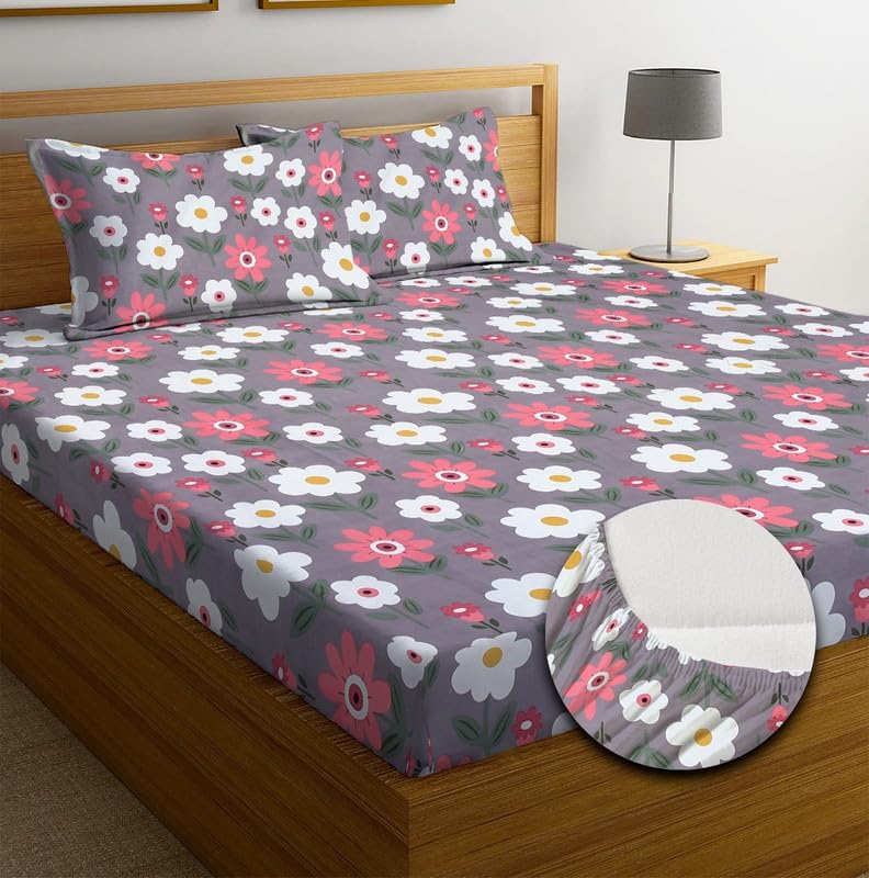 Pure Cotton Full Elastic Fitted Bedsheets For Double King Size Bed With 2 Pillow Covers | 72x78+10 Inches, Multicolor | Super Soft Brushed Glace | Breathable & Wrinkle Free